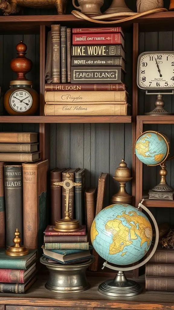 19+ Stunning Vintage Maximalism Decor Ideas to Transform Your Space 13 A vintage bookshelf filled with old books, a globe, clocks, and decorative items.