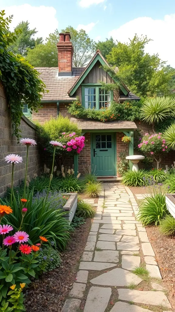 A charming cottage garden with a stone pathway, colorful flowers, and a quaint home.