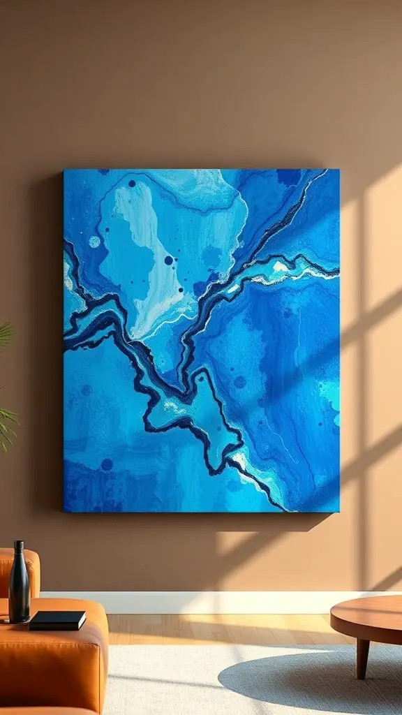 A vibrant blue abstract artwork on a brown wall in a living room.