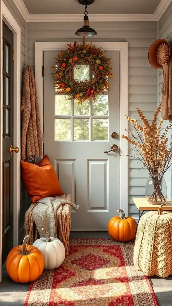 Cozy fall entryway with pumpkins, a wreath, and warm textiles.