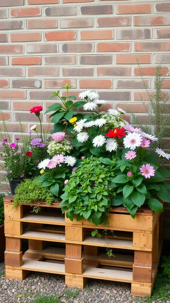 29+ Creative Street Garden Ideas for a Stunning Urban Oasis 8 A wooden pallet garden filled with colorful flowers against a brick wall.