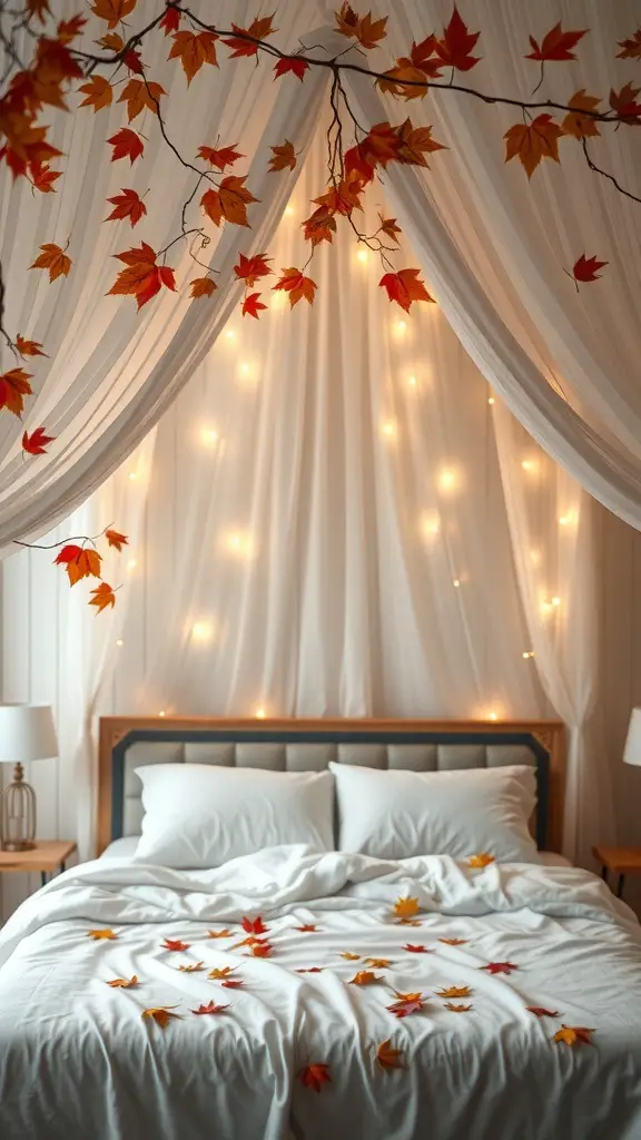 A cozy bedroom with a white bed canopy decorated with autumn leaves and twinkling lights.