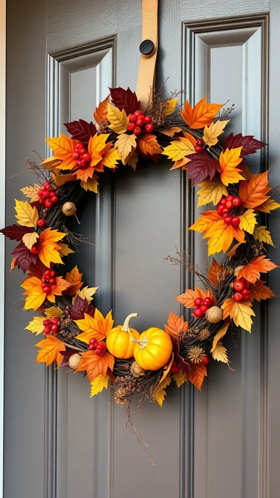 29+ Creative Fall Outdoor Decor Ideas to Transform Your Space 12 A fall wreath decorated with colorful leaves, berries, and mini pumpkins, hanging on a door.