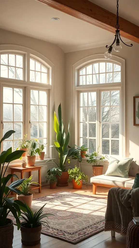 23+ Cozy English Cottage Living Room Ideas for a Warm Home Aesthetic 9 Cozy living room with large windows, plants, and soft furnishings