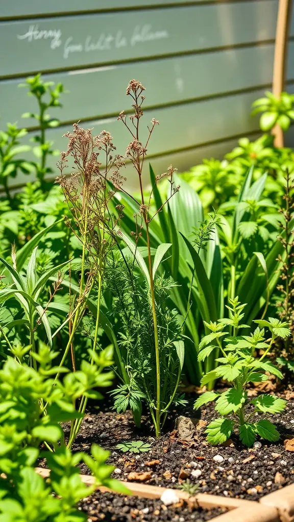 A lush herb garden with various plants, showcasing a mix of green herbs and flowering plants.