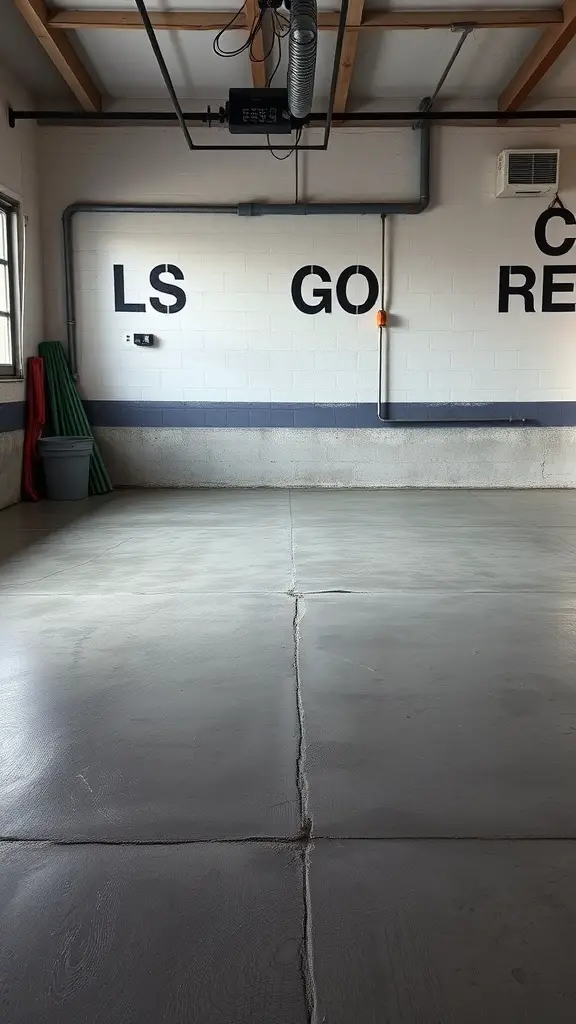A garage with a polished concrete floor and a wall featuring large letters.