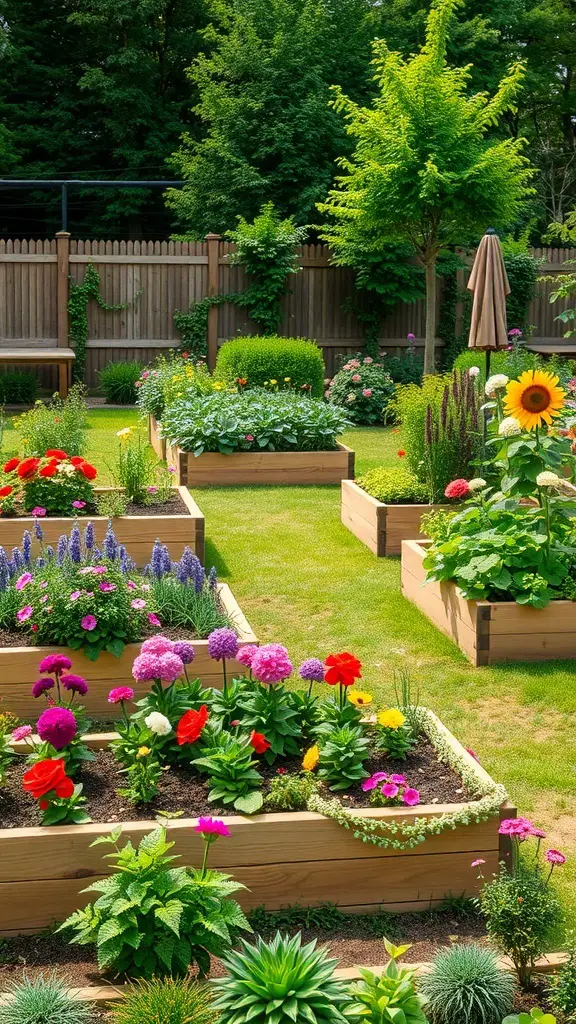 A square backyard with raised garden beds filled with colorful flowers and plants.
