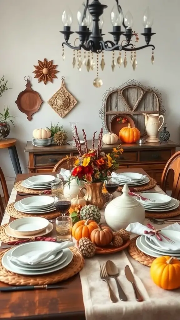 Thanksgiving table set with heirloom decorations, pumpkins, and flowers.