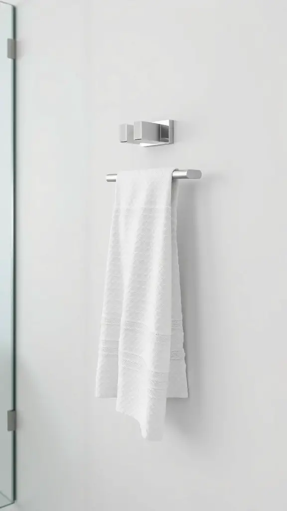 A modern magnetic towel holder with a white towel hanging from it