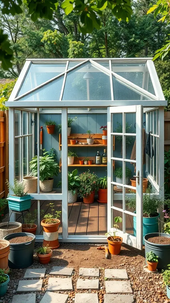 A mini greenhouse with glass panels, wooden shelves, and various potted plants.