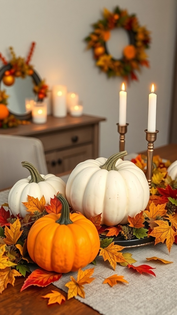 25+ Spooktacular Dollar Tree Halloween Decor Ideas Under $25 9 A cozy table setting with white and orange pumpkins, autumn leaves, and candles.