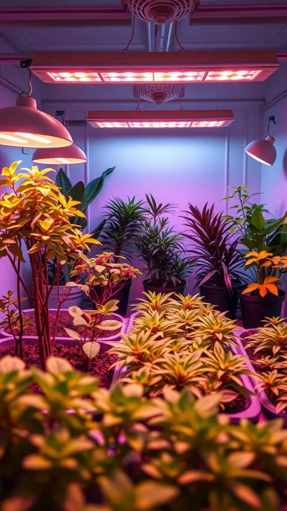 Indoor plants under grow lights in a vibrant setting