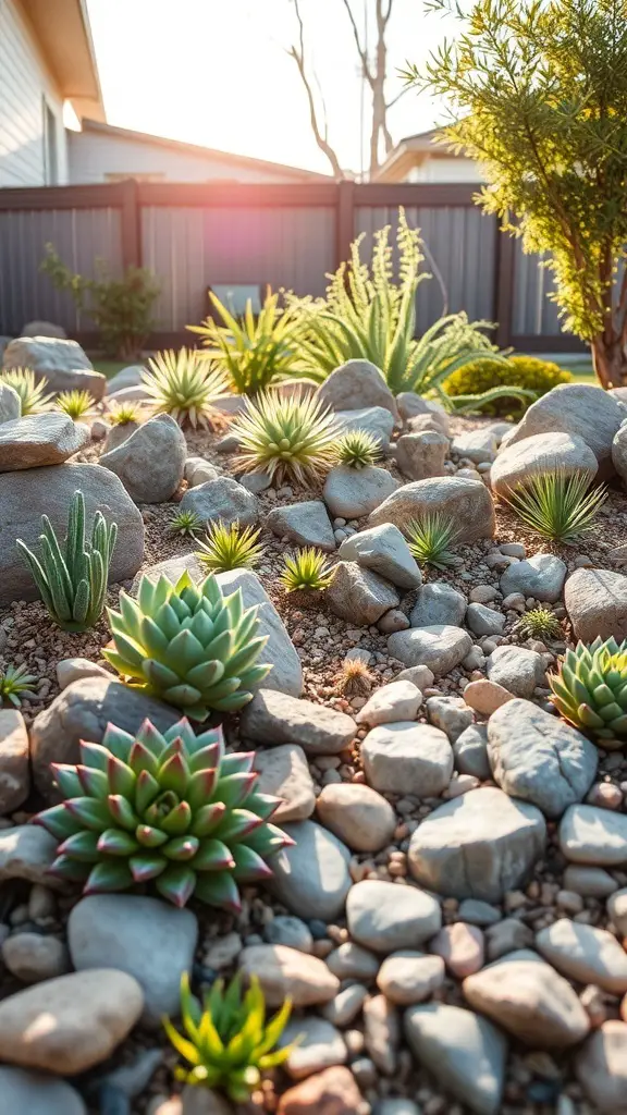 A sustainable rock garden featuring various succulents and stones under sunlight.