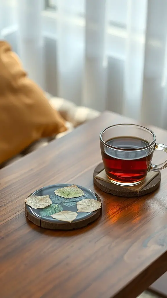 35+ Creative Fall Craft Ideas You’ll Love 13 A cozy setting featuring a glass of tea on a recycled leaf coaster, highlighting a warm and inviting atmosphere.