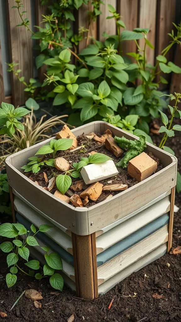 31+ Inspiring Bio Garden Ideas for a Sustainable Backyard 8 A compact DIY compost bin filled with organic waste and surrounded by greenery.