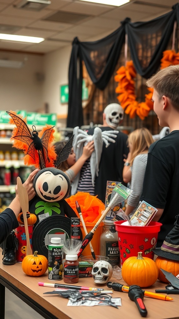 25+ Spooktacular Dollar Tree Halloween Decor Ideas Under $25 16 A table filled with Halloween costume accessories including plush characters, pumpkins, and spooky decorations.