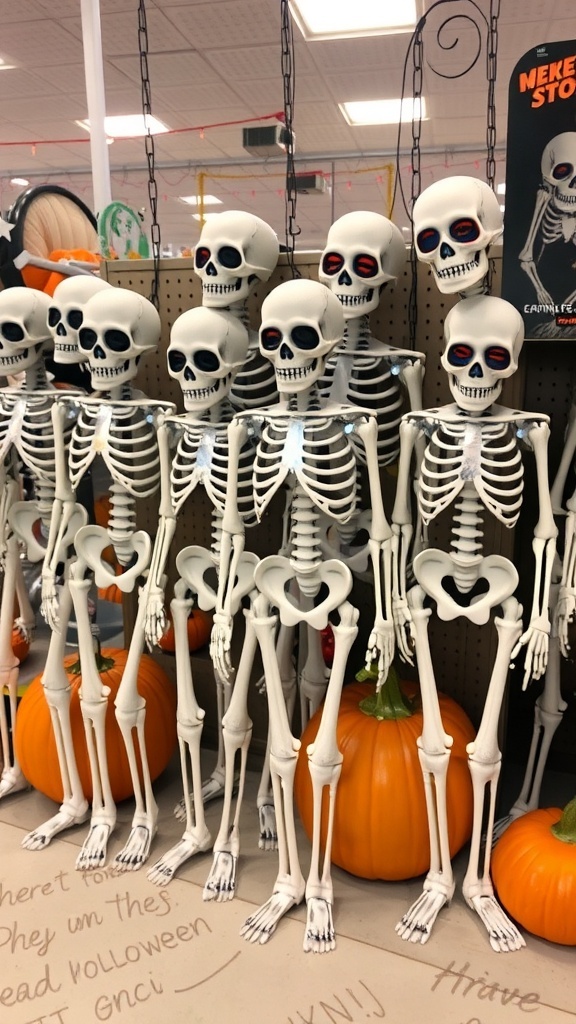 25+ Spooktacular Dollar Tree Halloween Decor Ideas Under $25 5 A display of skeleton decor accents next to pumpkins, showcasing a fun Halloween theme.