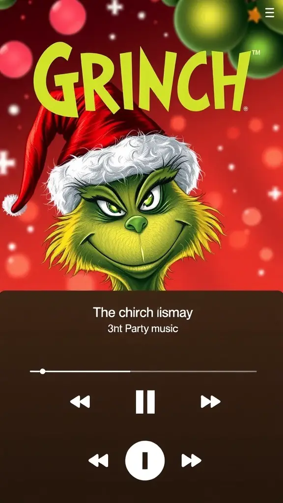 19+ Adorable Grinch Baby Shower Ideas You’ll Love 16 A festive image of the Grinch wearing a Santa hat, surrounded by Christmas decorations.