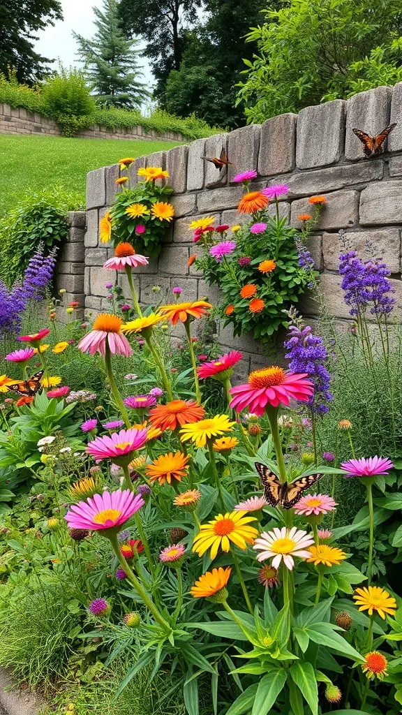 A colorful wildflower garden with butterflies near a stone wall.