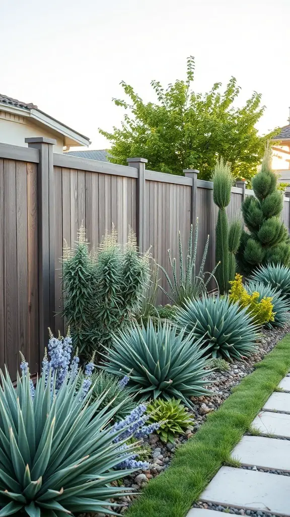 A modern composite fence with lush green plants and a stone pathway.