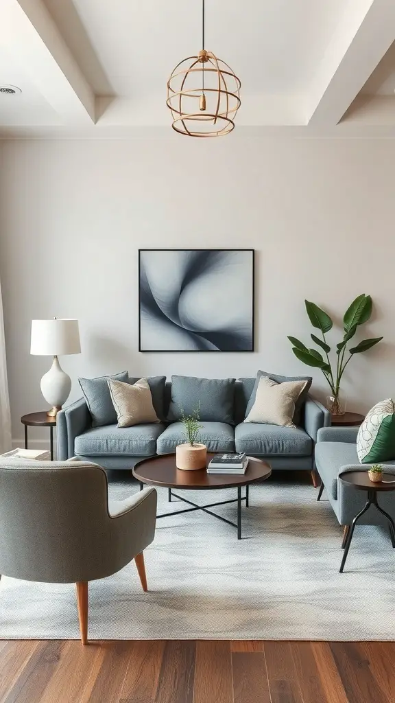 27+ Stunning Grey and Green Living Room Ideas 16 A stylish grey and green living room featuring a grey sofa, green accent chairs, a round coffee table, and decorative plants.