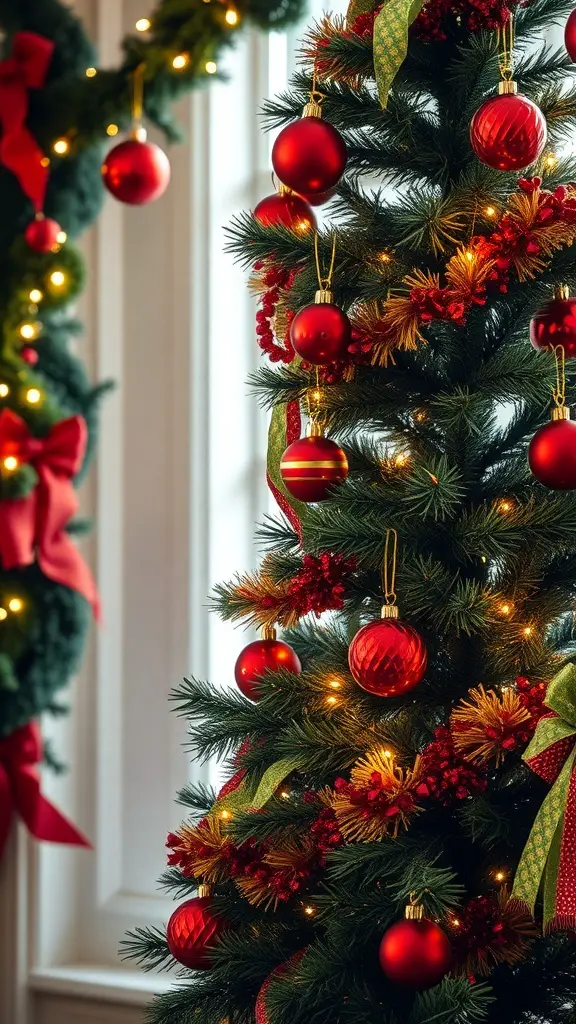 27+ Stunning Christmas Tree Décor Ideas You’ll Love 16 A beautifully decorated Christmas tree featuring red ornaments, green foliage, and warm lights.