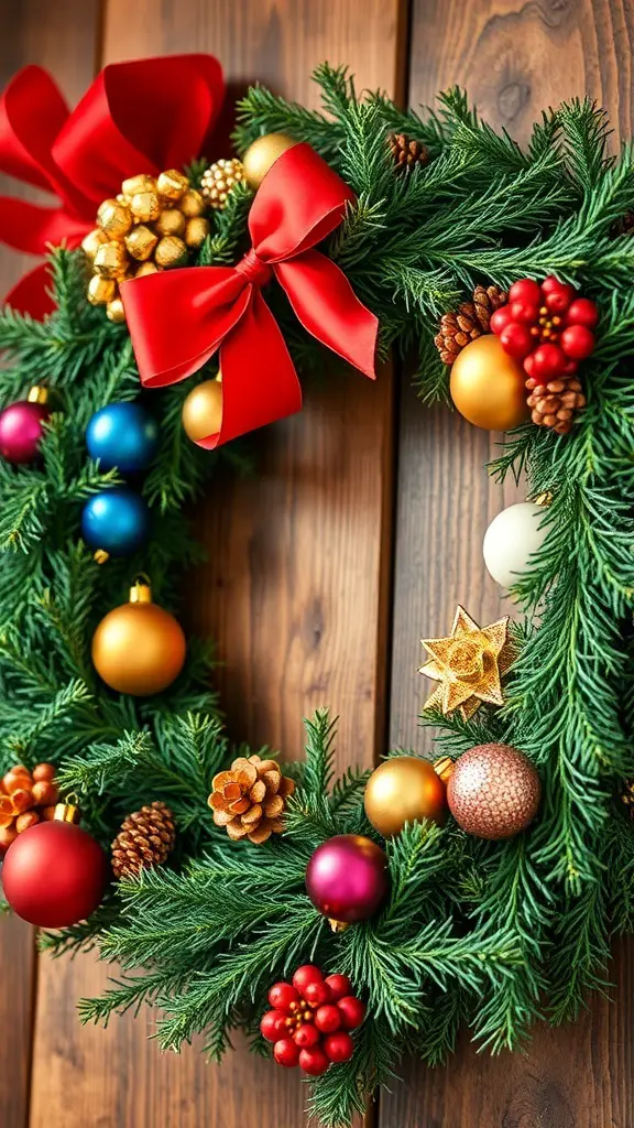 31+ Creative DIY Christmas Decorations You Can Make at Home 14 A colorful homemade Christmas wreath with ornaments and a red bow