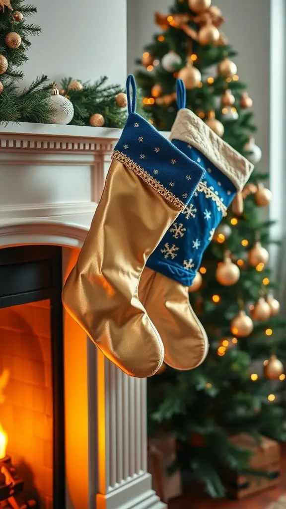 Two blue and gold Christmas stockings hanging by a fireplace, with a decorated Christmas tree in the background.