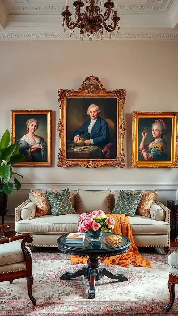 A classic living room featuring multiple framed portraits on the wall, elegant furniture, and a cozy atmosphere.