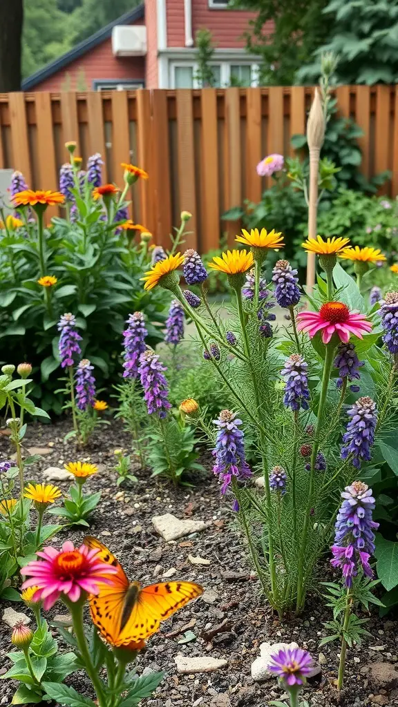 29+ Inspiring Small Urban Garden Design Ideas You’ll Love 15 A colorful urban garden with various flowers and a butterfly.