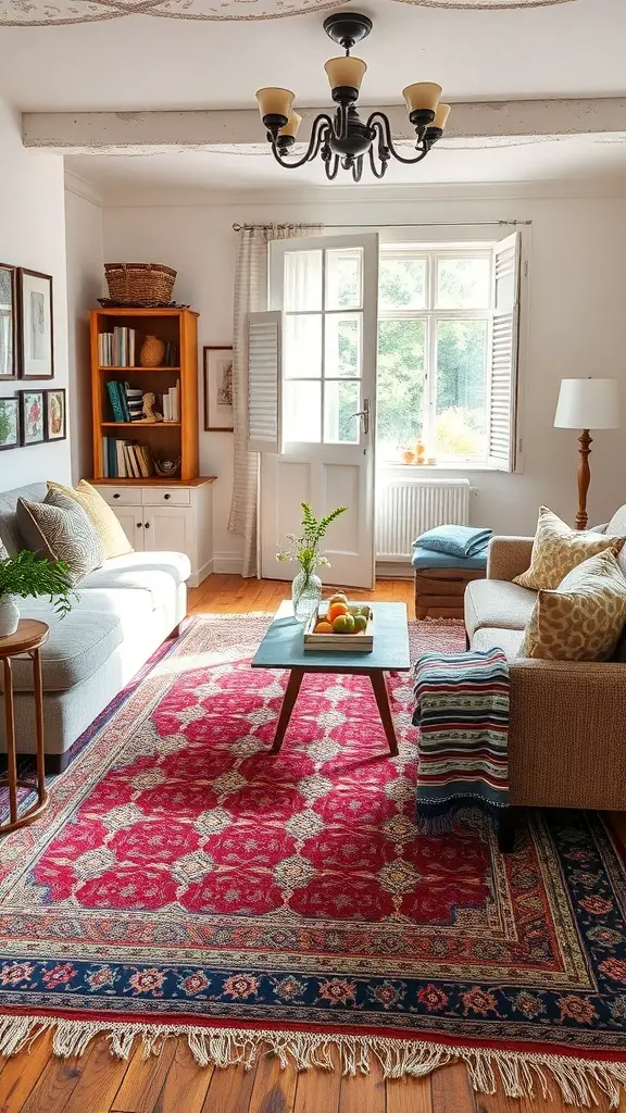 23+ Cozy English Cottage Living Room Ideas for a Warm Home Aesthetic 16 Cozy cottage living room with a colorful red rug, beige sofas, and a wooden coffee table.