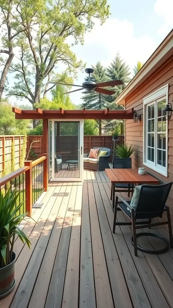 A cozy backyard office with a wooden deck, table, and comfortable seating surrounded by greenery.