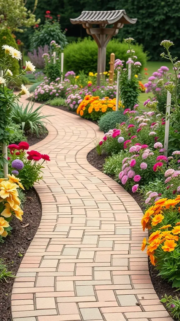 23+ Creative Garden Path Ideas for a Stunning Outdoor Journey 3 Curved brick path surrounded by colorful flowers in a garden
