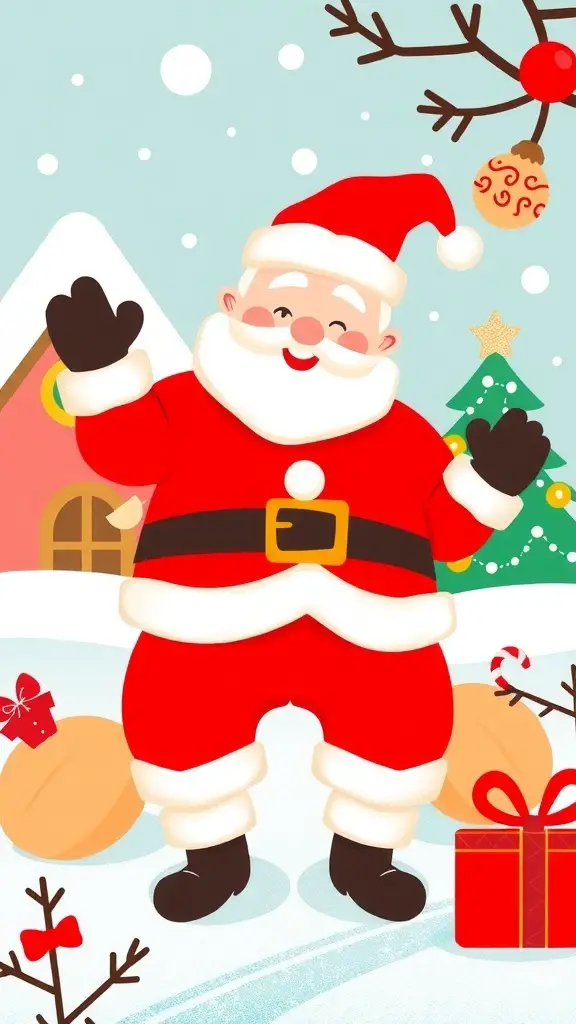 A cheerful Santa Claus waving in a snowy scene with Christmas decorations.