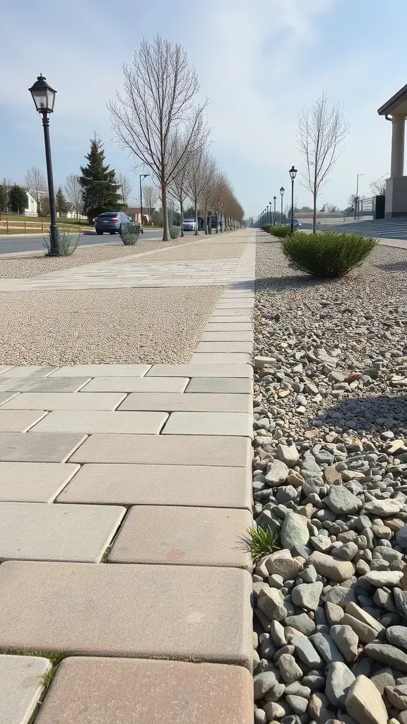 25+ Stunning Sidewalk Landscaping Ideas to Elevate Your Curb Appeal 6 A sidewalk with paved stones, gravel, and small shrubs, lined with lamp posts.