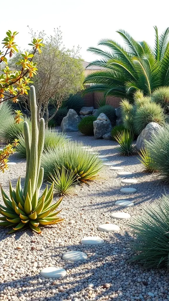 A xeriscaped garden featuring various drought-resistant plants, rocks, and a pathway of stepping stones.