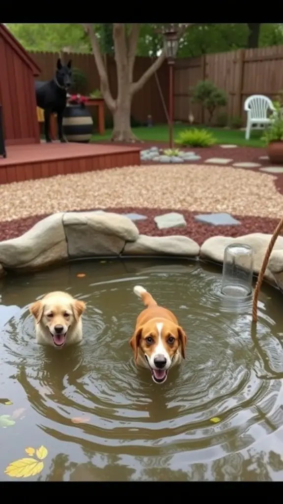 Dogs playing around a water feature in a backyard