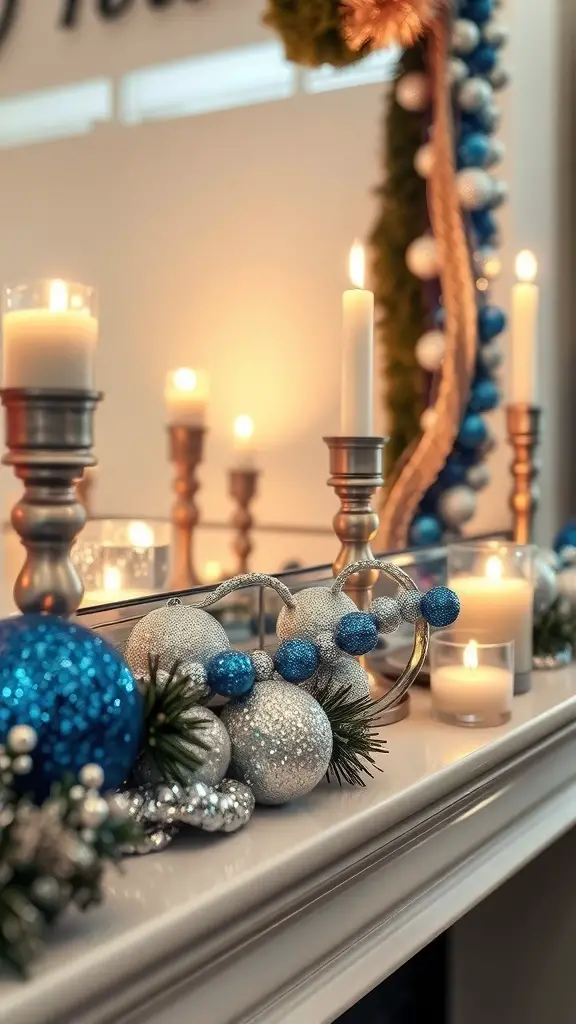 A beautifully decorated mantel with silver and blue ornaments, candles, and greenery.