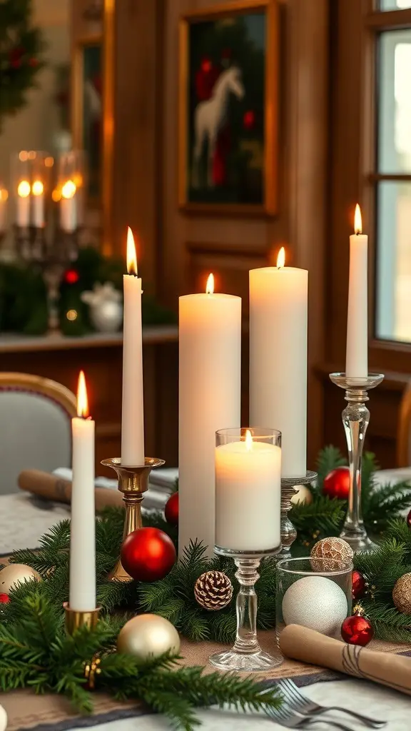 33+ Festive Christmas Party Decor Ideas to Elevate Your Holiday Celebration 19 A beautifully arranged table with various candles, ornaments, and pine branches for Christmas decor.