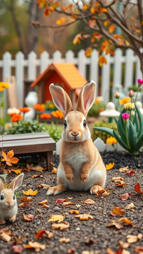 27+ Must-Have Features for the Ultimate Rabbit Playground 12 A playful rabbit in a decorated garden with autumn leaves and flowers.