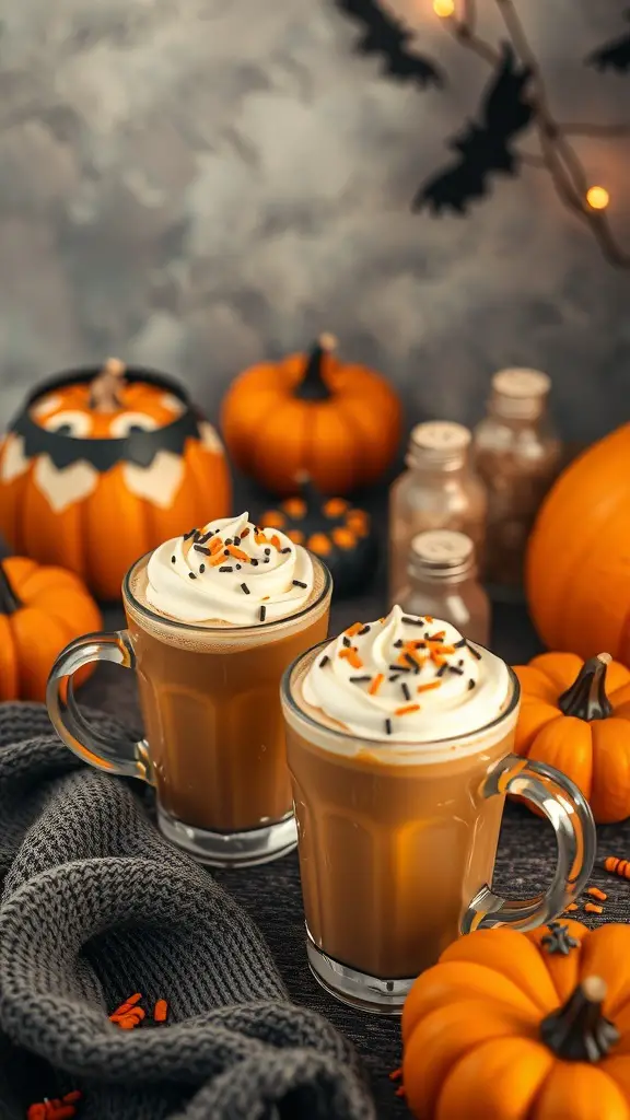 23+ Spooktacular Halloween Coffee Bar Ideas for a Festive Fall Celebration 5 Two pumpkin spice lattes with whipped cream and sprinkles, surrounded by pumpkins and Halloween decorations.