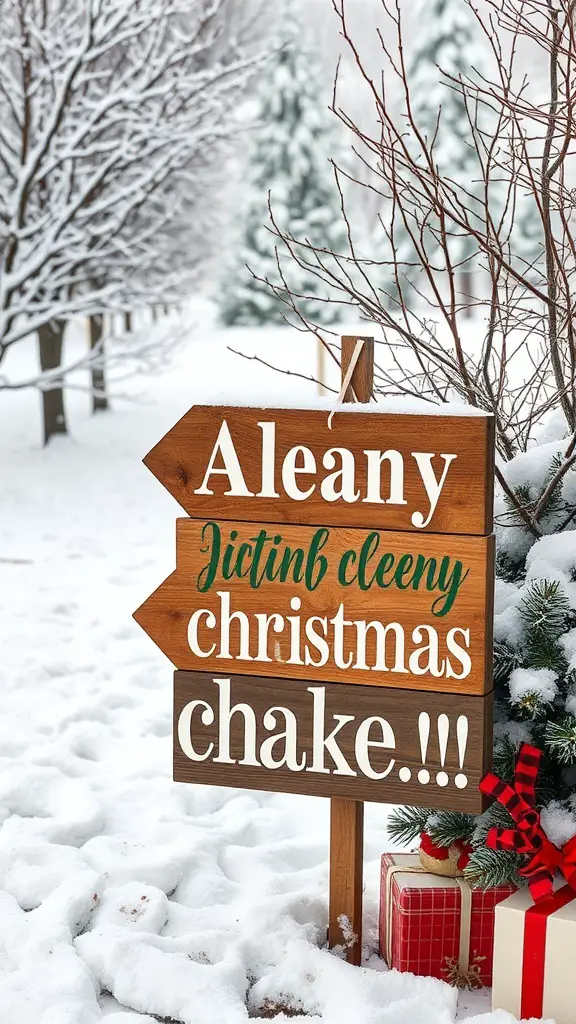 Rustic wooden holiday sign in a snowy landscape