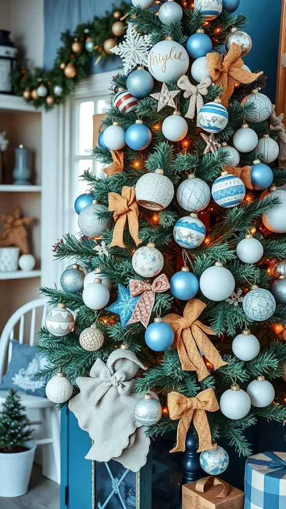 A beautifully decorated Christmas tree featuring vintage blue and white ornaments, accented with warm bows.