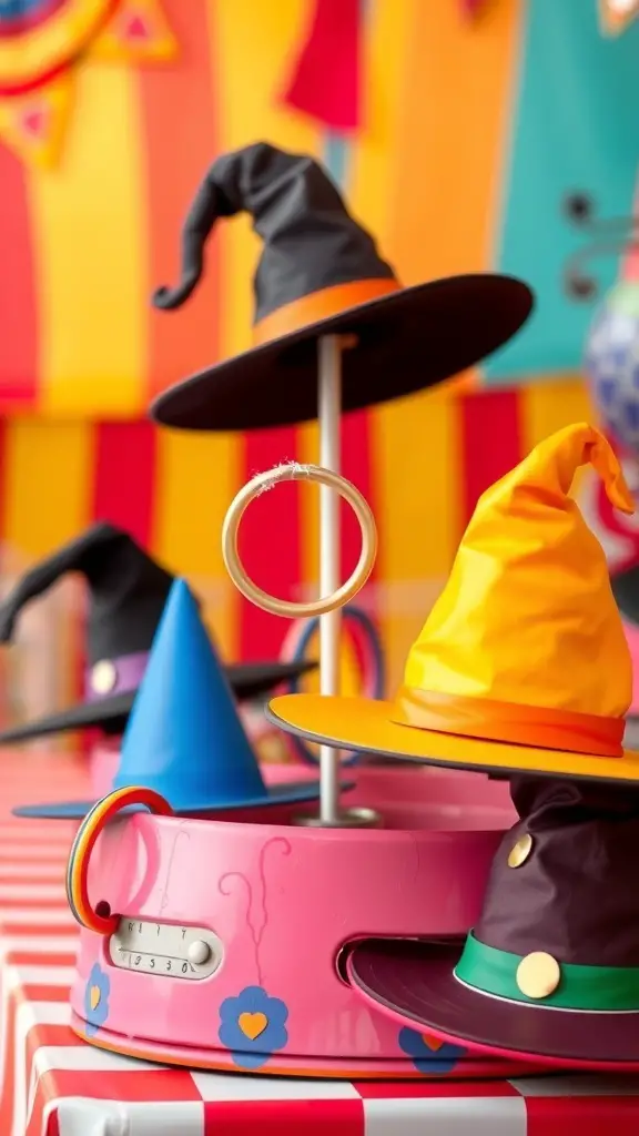 19+ Exciting Halloween Carnival Games for Spooktacular Fun 4 Colorful witch hats set up for a ring toss game at a Halloween carnival.