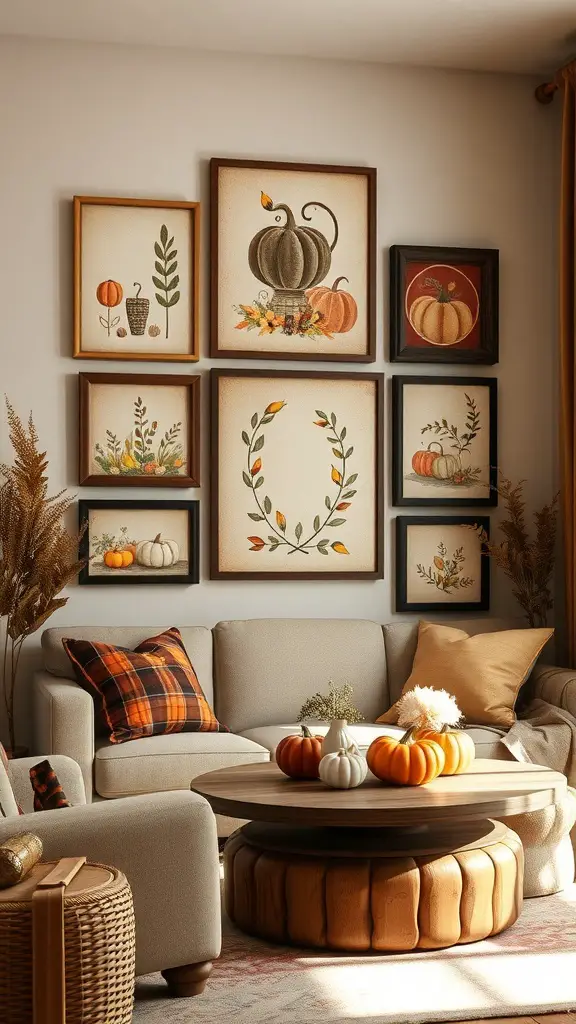 29+ Creative Thanksgiving Party Decorations You Need to Try 15 Harvest-themed wall art featuring pumpkins and autumn leaves in various frames.