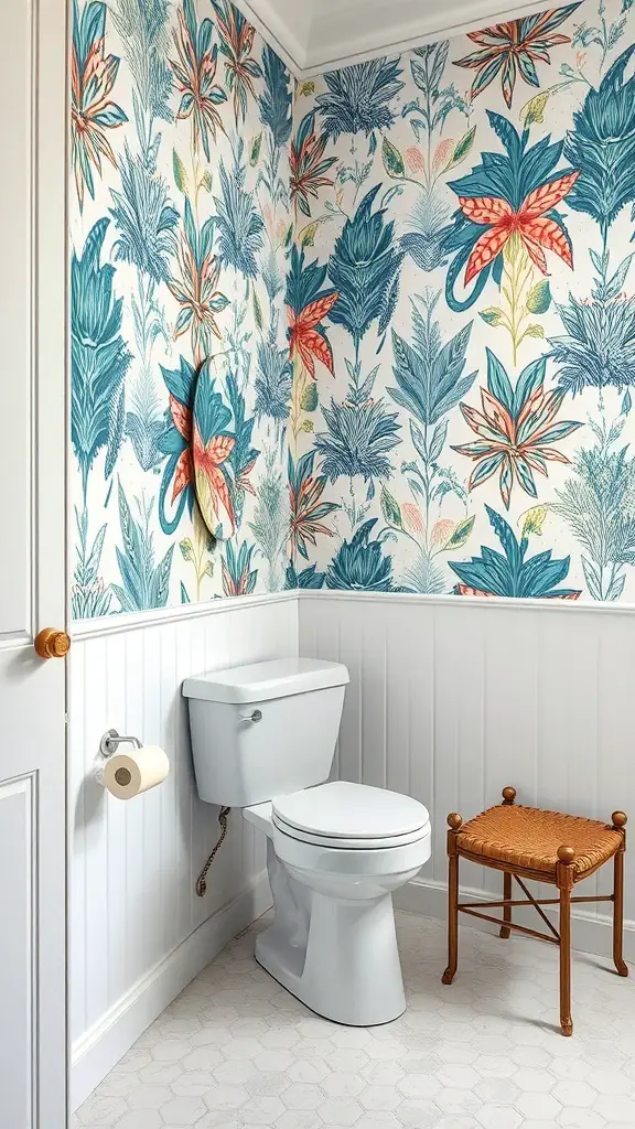 27+ Stunning Statement Powder Room Ideas to Transform Your Space 10 A stylish powder room featuring vibrant floral wallpaper, a white toilet, and a wooden stool.