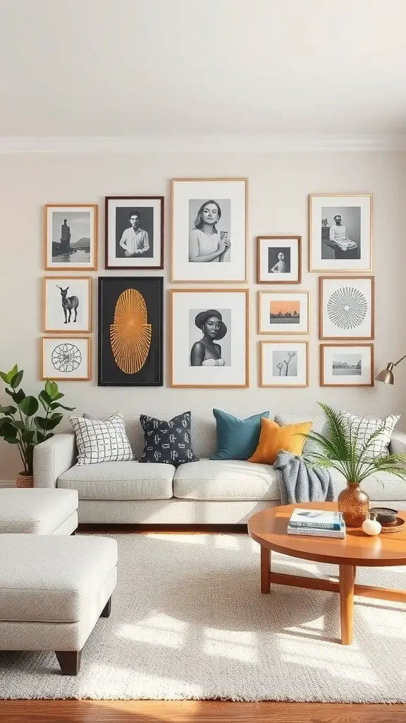 27+ Stunning Ideas for a Neutral and Blue Living Room Decor 18 A cozy living room featuring a personalized gallery wall with framed black-and-white photos.