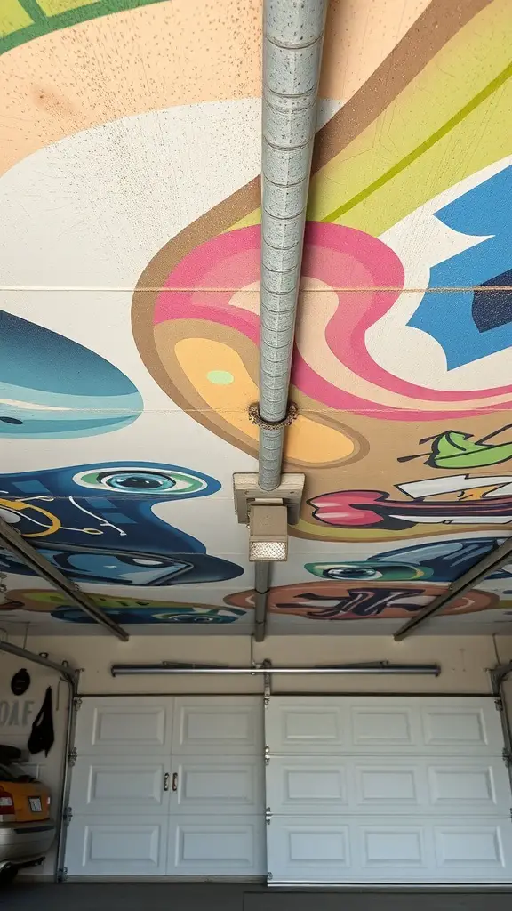 Colorful mural on a garage ceiling featuring abstract designs and playful shapes.