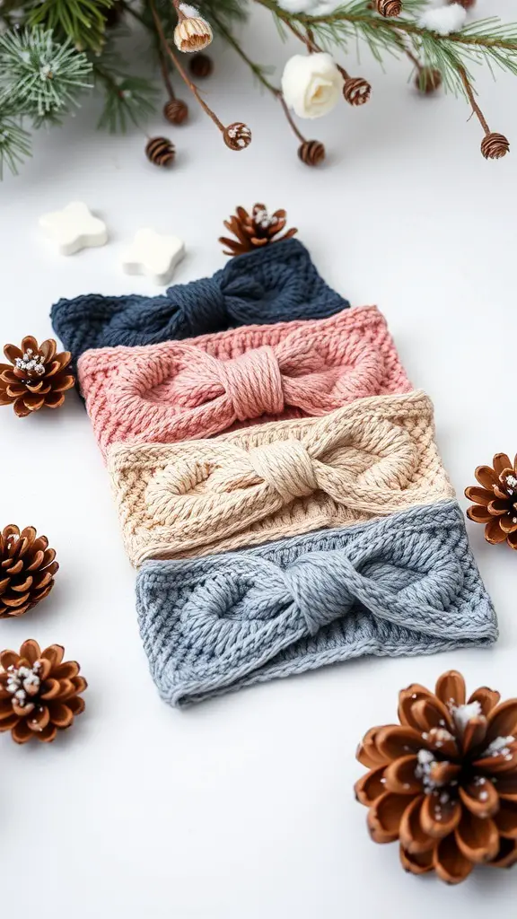 A collection of chic crochet headbands in various colors, displayed with pine cones and festive decorations.