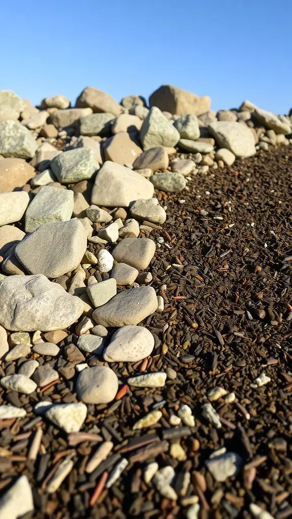 25+ Inspiring Rock Bed Landscaping Ideas for Your Garden 13 A close-up view of a rock bed with a mix of smooth stones and dark mulch.